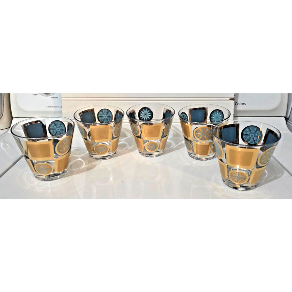 Set of 5 RARE 1960s Culver Carnival Lowball Whiskey 3.5" Gold Turquoise Glasses